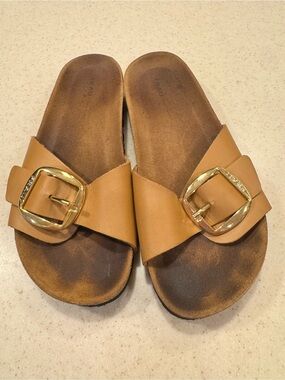 Women's Tan Slide FRAU sandals, Italian leather with gold buckle.